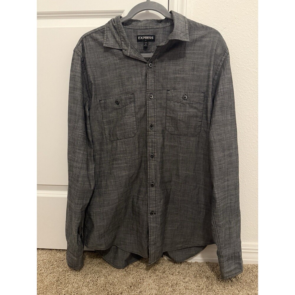 Express Brand Blue Grey Mens Premium Casual Dress Shirt Large
